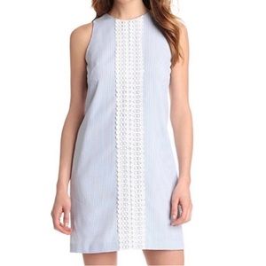 Beautiful London Times Seersucker Blue & White Shift Sleeveless Lace Dress, Sz 4